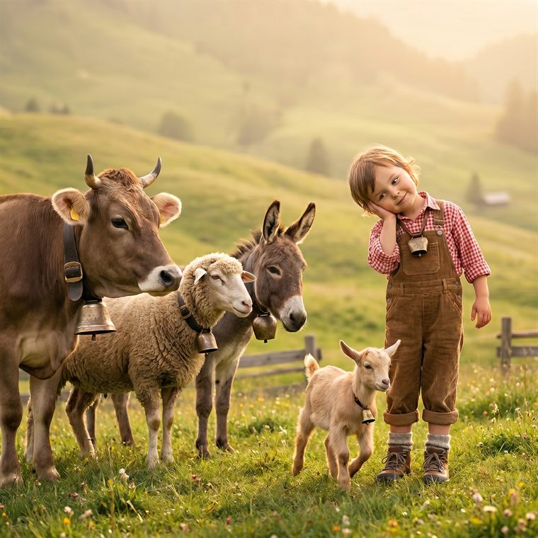 Beispielseite: Kind steht mit Kuh, Schaf, Esel und einem kleinen Geisslein auf der sonnigen Alpweide