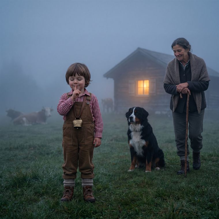 Beispielseite: Kind bittet mit dem Finger an den Lippen um Stille im Morgennebel vor der Alphütte