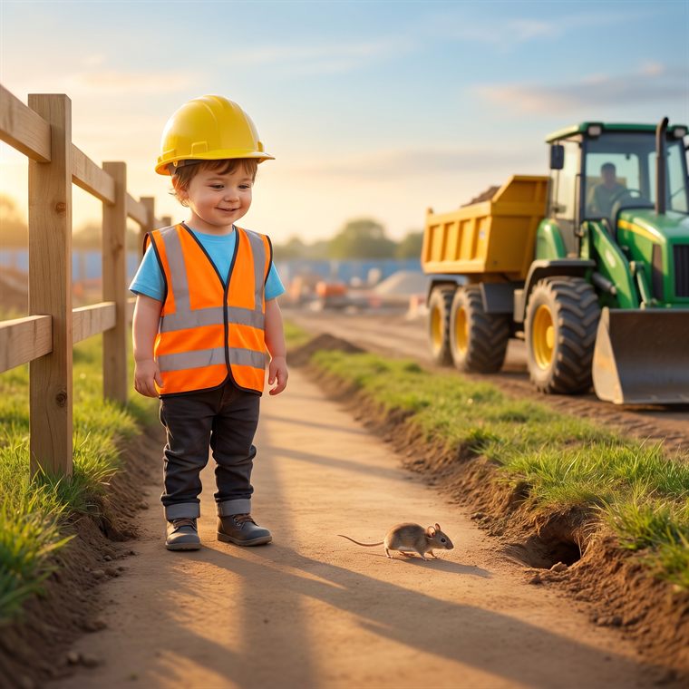 Beispielseite: Kind entdeckt eine kleine Maus am Wegrand auf der Baustelle