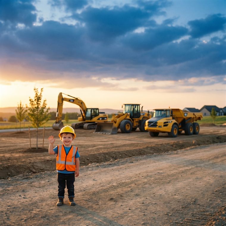 Beispielseite: Kind winkt bei Sonnenuntergang vor den Baumaschinen