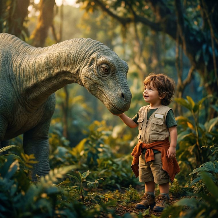 Beispielseite: Kind berührt vorsichtig die Schnauze eines Dinos im Dschungel