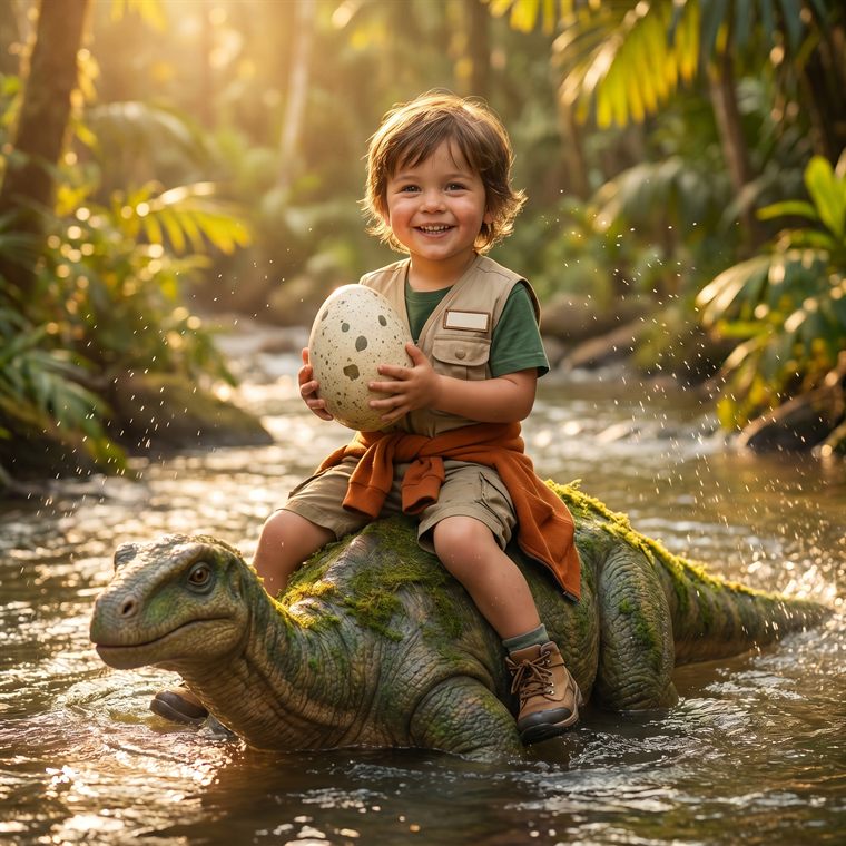 Beispielseite: Kind reitet mit dem Dino-Ei im Arm durch einen Bach