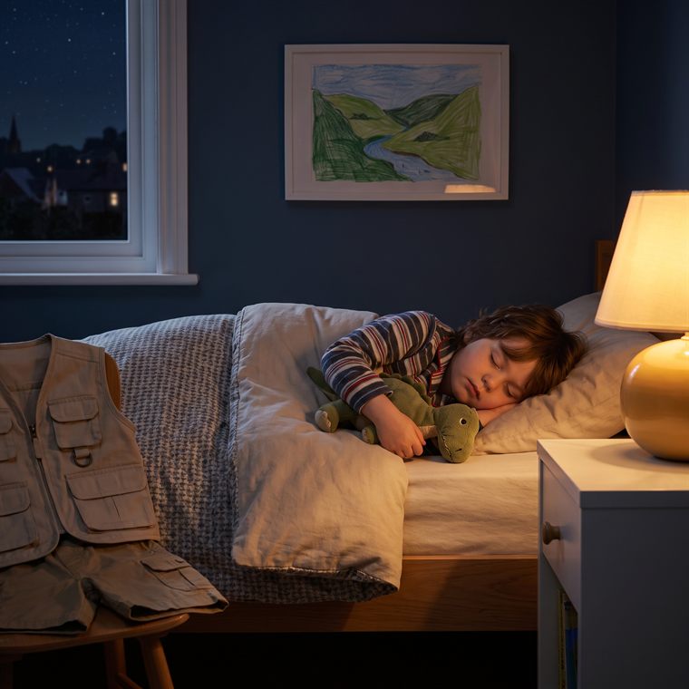 Beispielseite: Kind schläft zu Hause mit einem Dino-Kuscheltier