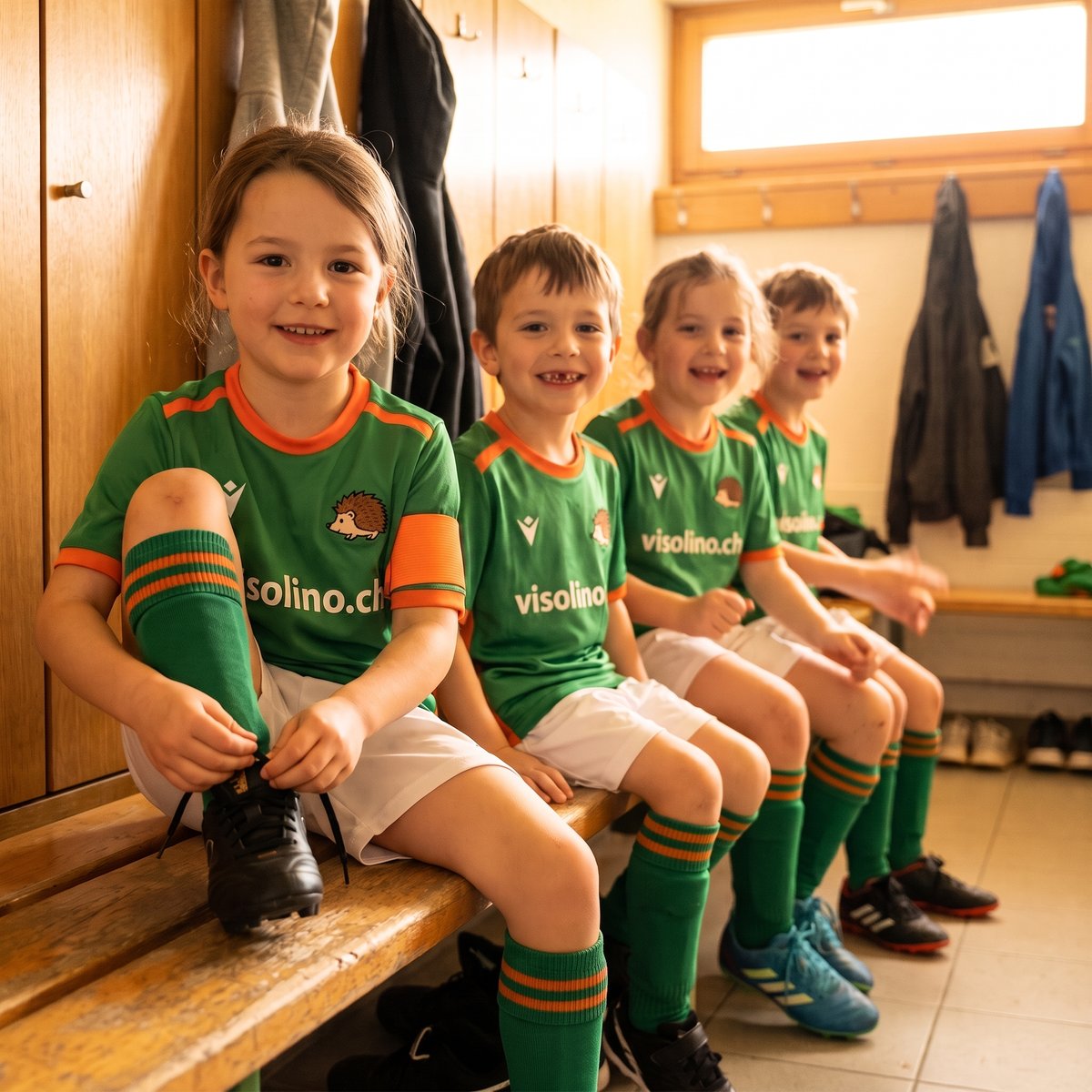 Beispielseite: In der Kabine zieht das Kind das grün-orange Trikot der Bachwiesen-Igel über und schnürt die Fussballschuhe