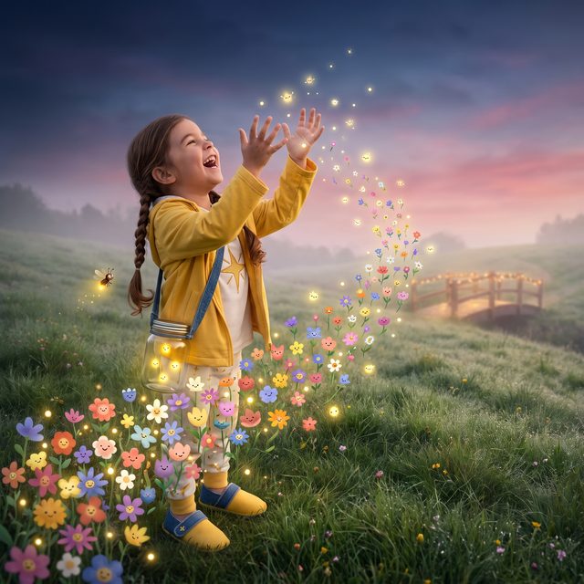 Buchszene auf der Blumenwiese in der Dämmerung: Kind jubelt mit ausgebreiteten Armen, das Glühwürmchen-Glas umgehängt, Mädchen-Version für 4–6 Jahre: Kindergartenkind, sichtbar grösser