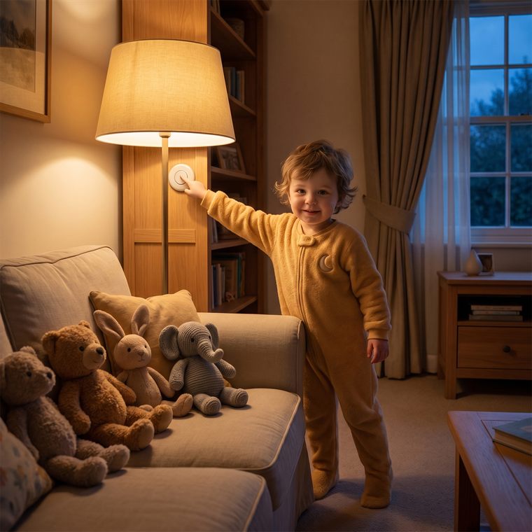 Beispielseite: Im Wohnzimmer macht Lina das Licht kleiner — auch die Lampe wird müde