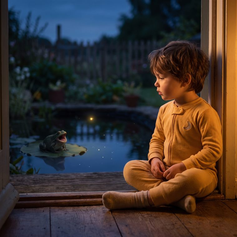 Beispielseite: Am Gartenteich gähnt der Frosch — ein Lichtkrümel wacht