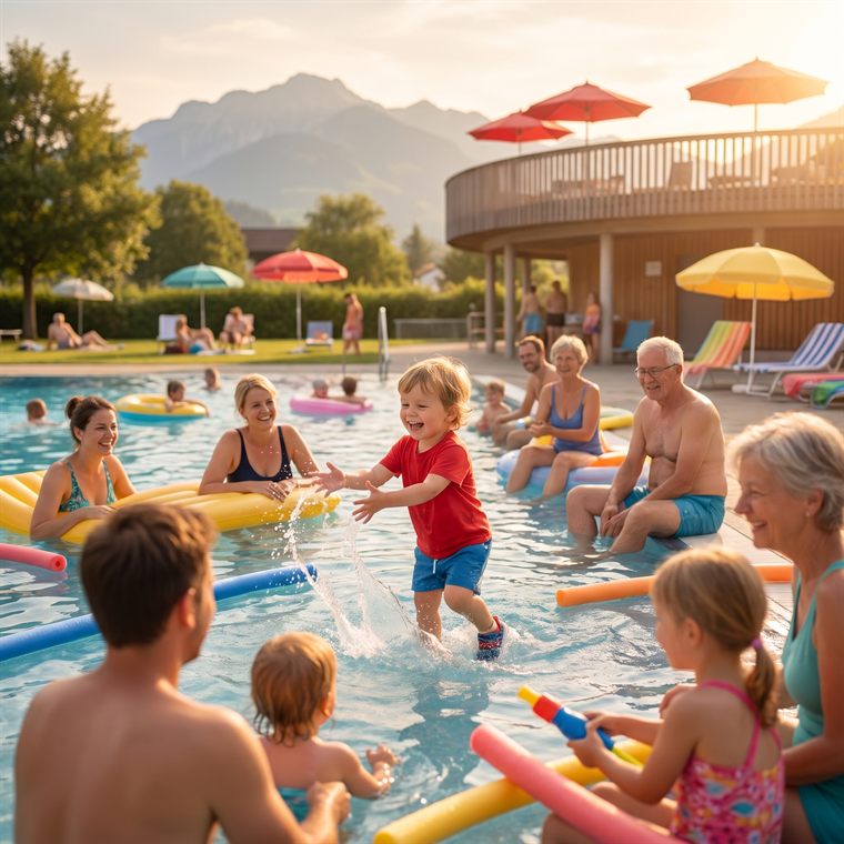 Beispielseite: In der Badi mit Bergsicht