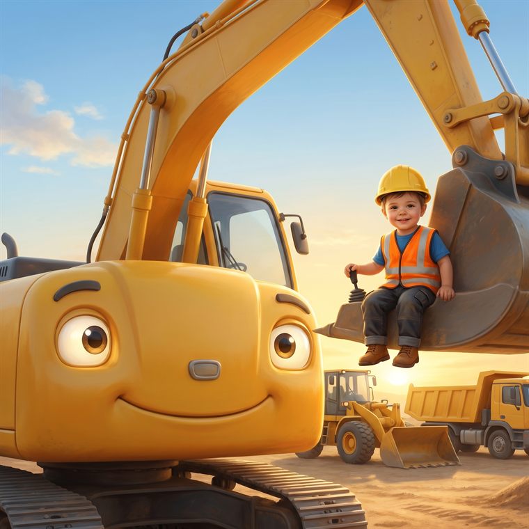 Buchcover «Lina fährt den grössten Bagger» — Kind mit Helm und Warnweste auf dem Bagger Goliath