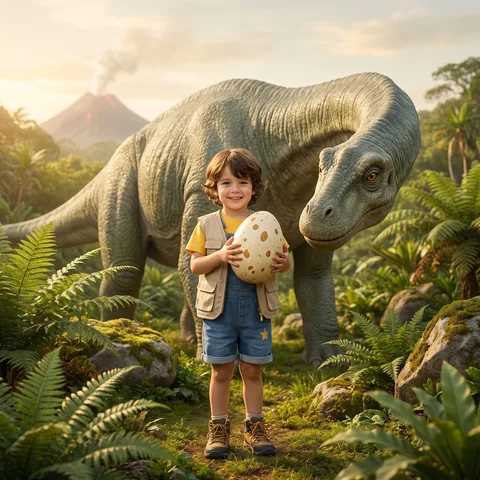 Lebensecht-Beispiel: Kind mit Dino-Ei neben einem Dinosaurier im Urwald