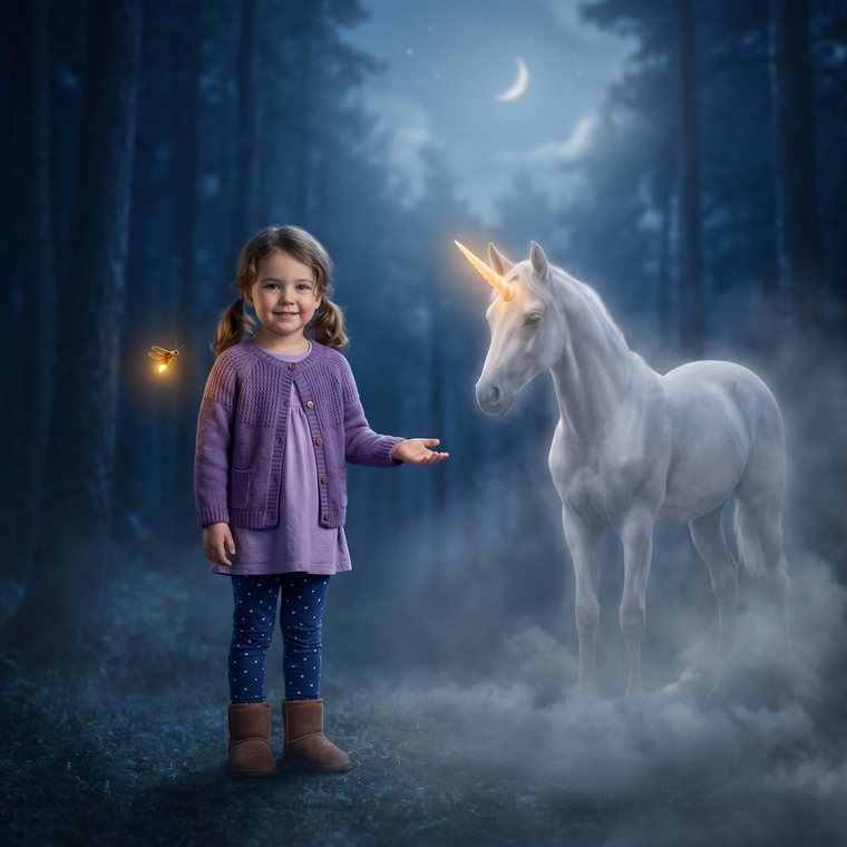 Lebensecht-Beispiel: Kind begegnet einem scheuen Einhorn im nächtlichen Wald