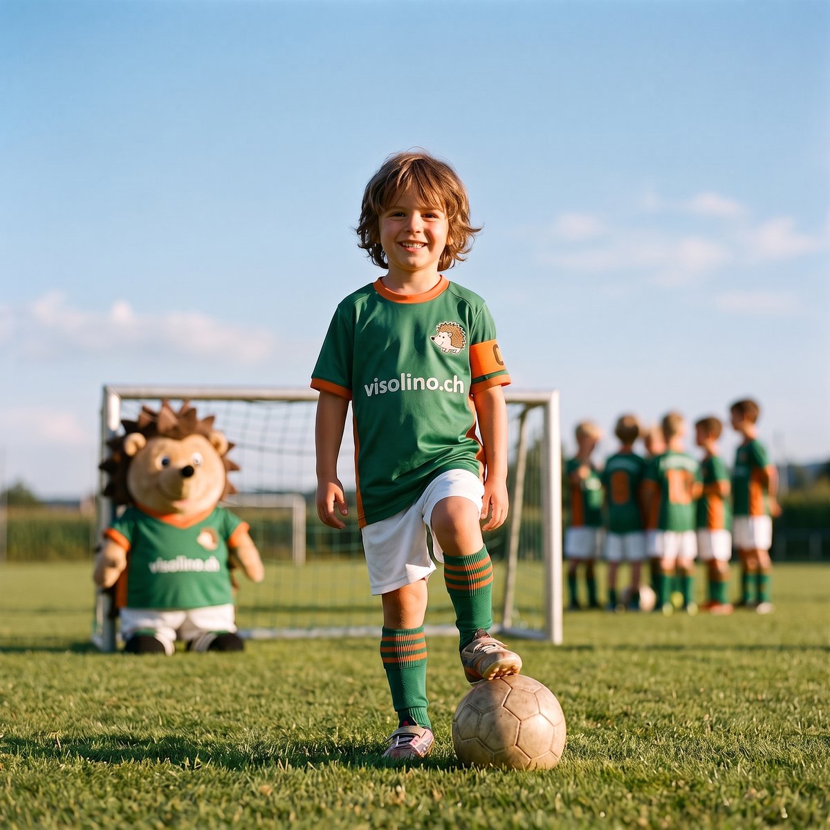 Buchcover «Lina und das grosse Spiel» — Kind im grün-orangen Trikot mit dem Fuss auf dem Ball, dahinter Tor und Maskottchen